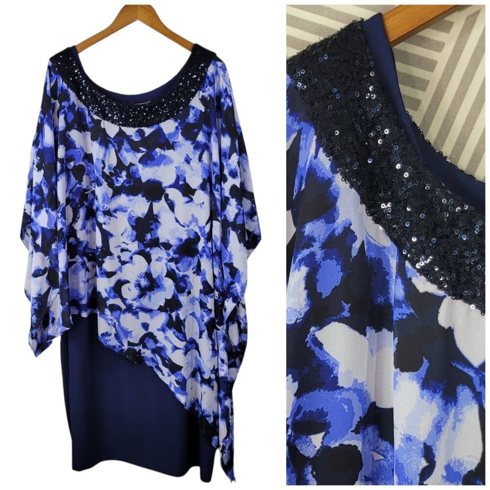 Maya Brooke Party Dress Plus Size 24W 24 Party Poncho Layered Sequin Floral Blue